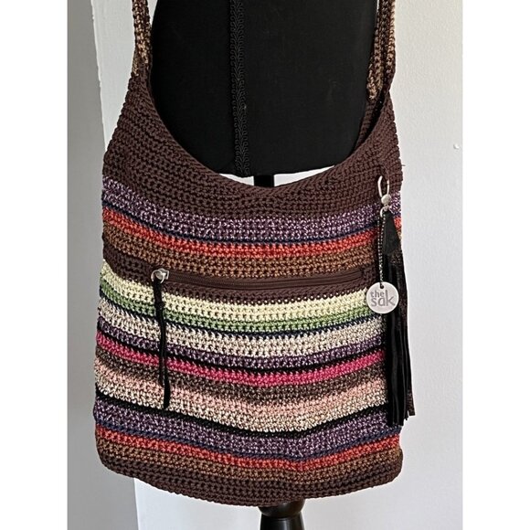 The Sak Crochet Multi Colored Stripes Boho Shoulder Bag Purse Brown Green Pink - Picture 1 of 15